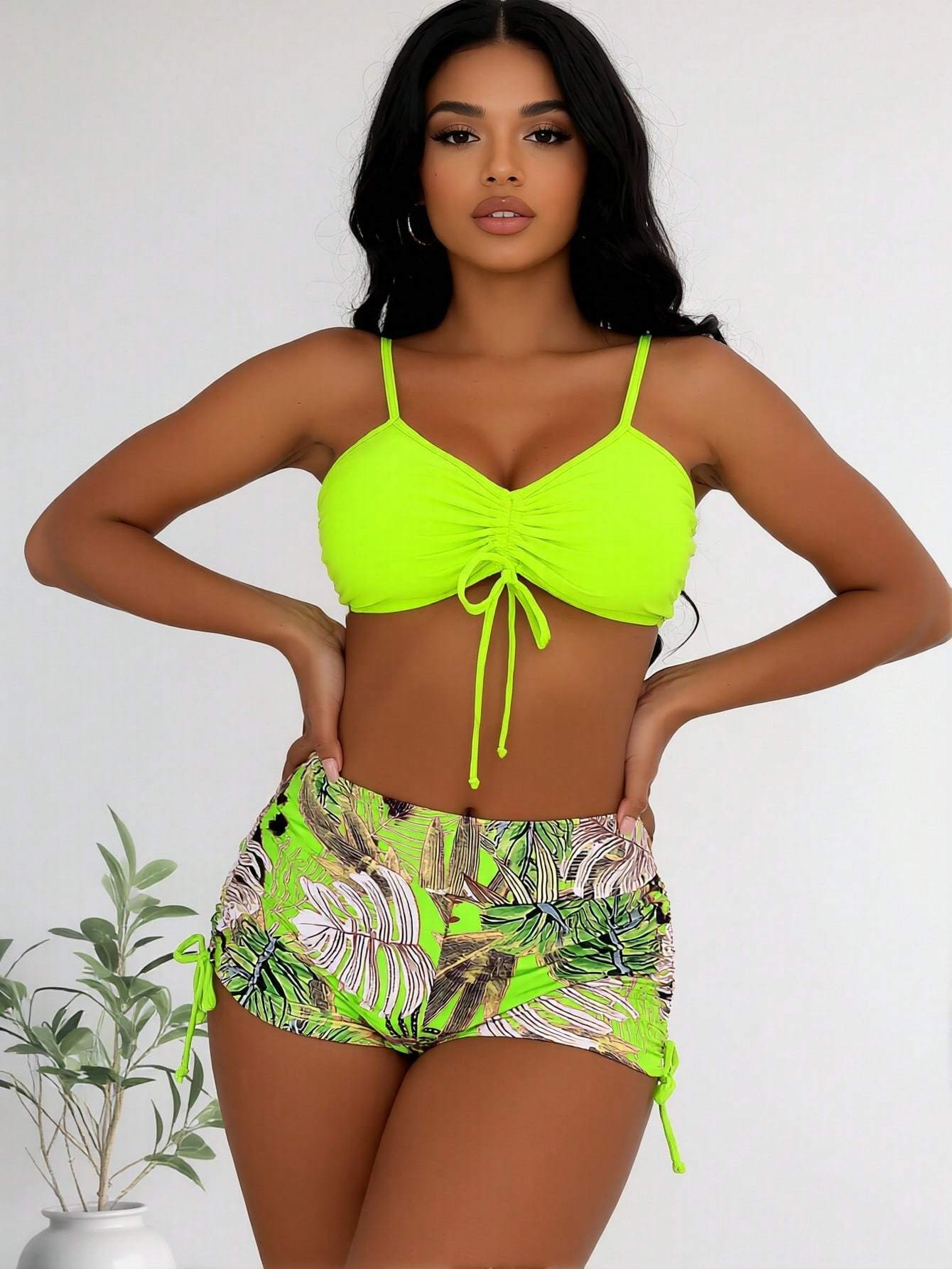 2026 New Neon Green Front Tie Bikini Top & Tropical Leaf Print Side Drawstring High Waist Shorts Two Piece Swimsuit - Image 3
