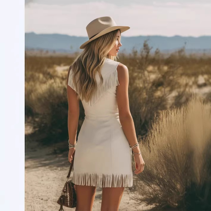 V-neck Zip-front Tasseled Faux Suede Mini Dress - Image 8